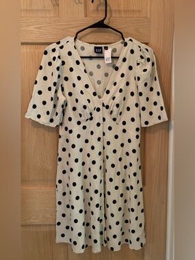 GAP White Linen Blend Dress with Black Polka Dots